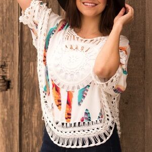 Vivid Importers NY Boho Crochet Top with Feathers | Size M